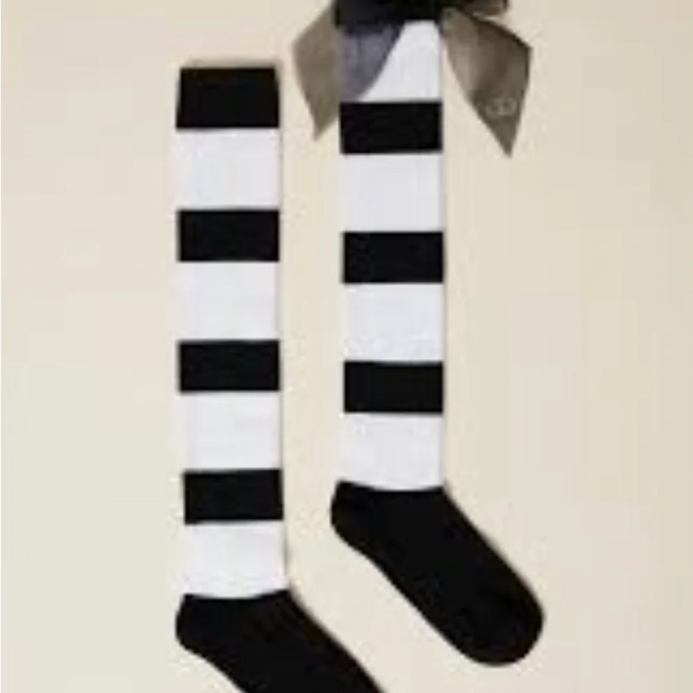 Twin-Set Kids Black and White Striped Socks with Ribbon. Euro designer Twinset